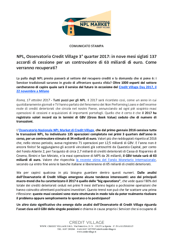 NPL, Osservatorio Credit Village 3° quarter 2017: in nove mesi siglati 137 accordi di cessione per un controvalore di 63 miliardi di euro. Come verranno recuperati?