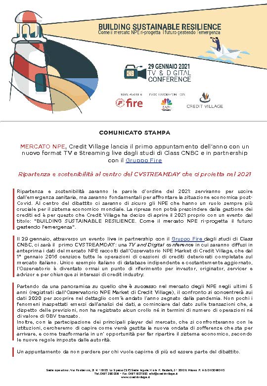 MERCATO NPE, Credit Village lancia il primo appuntamento dell’anno con un nuovo format TV e Streaming live dagli studi di Class CNBC e in partnership con il Gruppo Fire