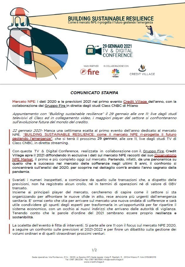 Mercato NPE: i dati 2020 e le previsioni 2021 nel primo evento Credit Village dell’anno, con la collaborazione del Gruppo Fire in diretta dagli studi Class CNBC di Milano