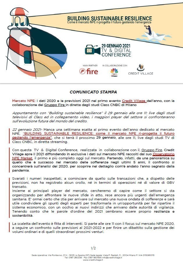 Mercato NPE: i dati 2020 e le previsioni 2021 nel primo evento Credit Village dell’anno, con la collaborazione del Gruppo Fire in diretta dagli studi Class CNBC di Milano