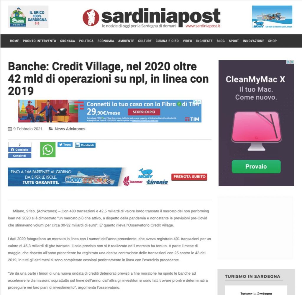 Banche: Credit Village, nel 2020 oltre 42 mld di operazioni su npl, in linea con 2019