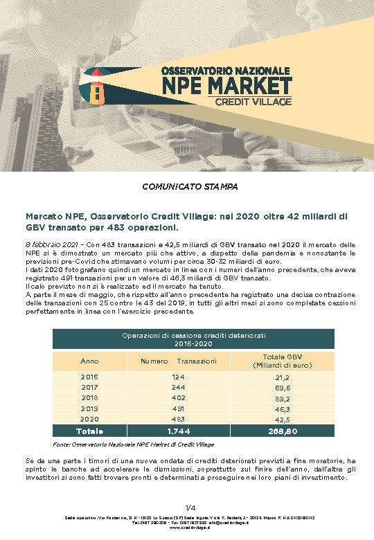 Mercato NPE, Osservatorio Credit Village: nel 2020 oltre 42 miliardi di GBV transato per 483 operazioni