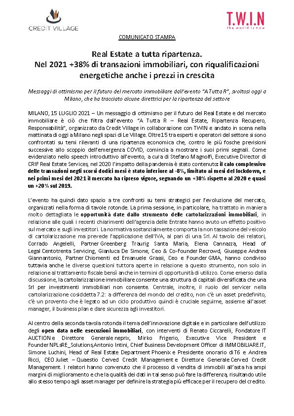 Real Estate a tutta ripartenza.  Nel 2021 +38% di transazioni immobiliari, con riqualificazioni energetiche anche i prezzi in crescita