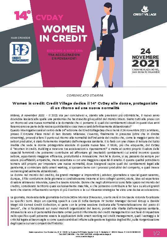 Women in credit: Credit Village dedica il 14° CvDay alle donne, protagonistedi un ritorno ad una nuova normalità