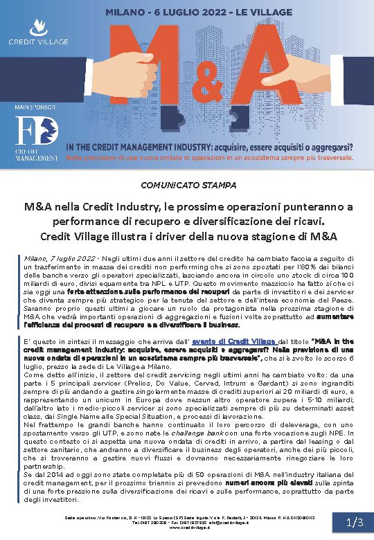 M&A nella Credit Industry, le prossime operazioni punteranno a performance di recupero e diversificazione dei ricavi. Credit Village illustra i driver della nuova stagione di M&A