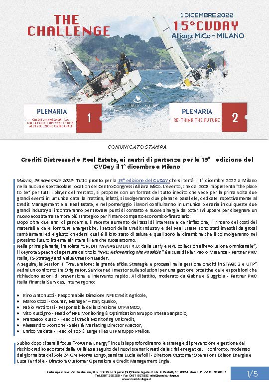 Crediti Distressed e Real Estate, ai nastri di partenza per la 15° edizione del CVDay il 1° dicembre a Milano
