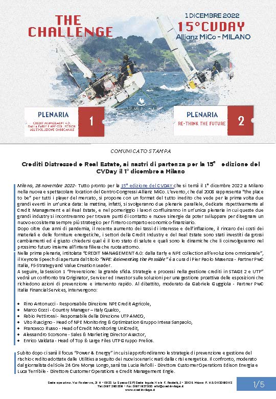 Crediti Distressed e Real Estate, ai nastri di partenza per la 15° edizione del CVDay il 1° dicembre a Milano