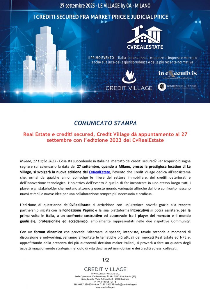 Real Estate e crediti secured, Credit Village dà appuntamento al 27 settembre con l'edizione 2023 del CvRealEstate