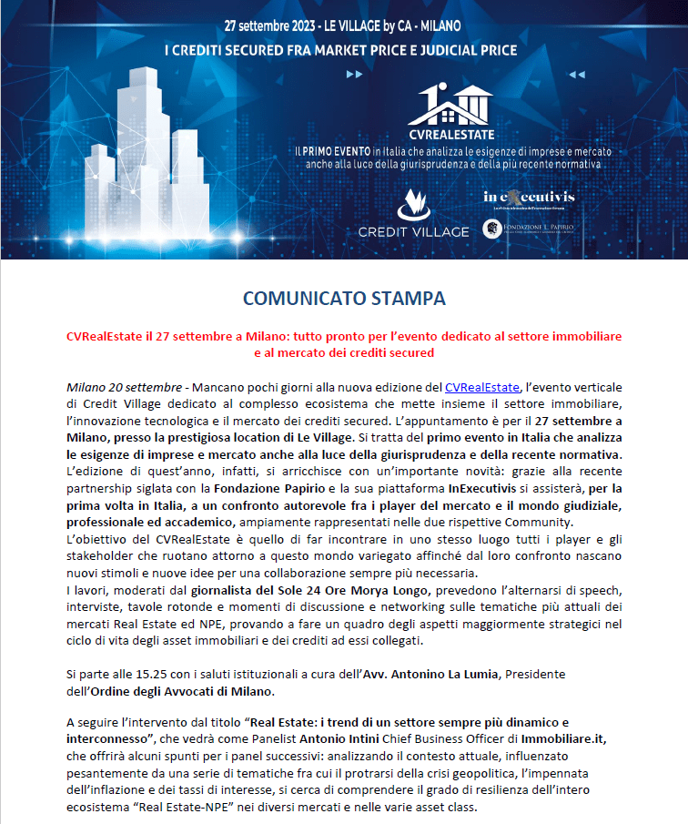 CVRealEstate il 27 settembre a Milano: tutto pronto per l’evento dedicato al settore immobiliare e al mercato dei crediti secured