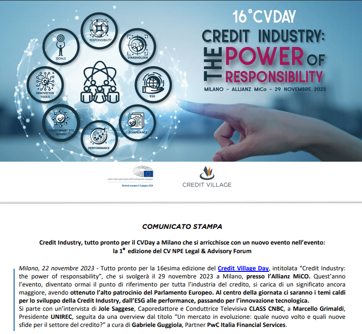 Credit Industry, tutto pronto per il CVDay a Milano che si arricchisce con un nuovo evento nell’evento:  la 1°edizione del CV NPE Legal & Advisory Forum