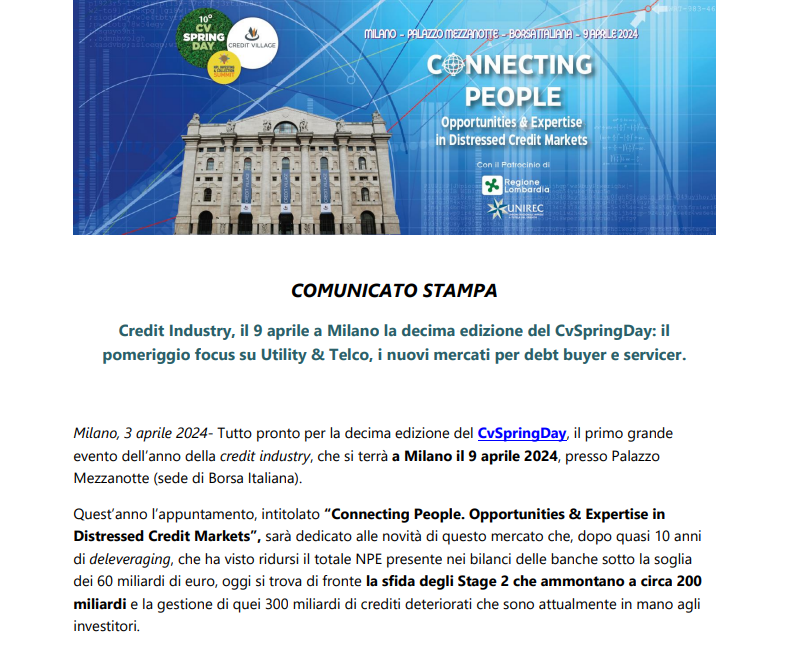 Credit Industry, il 9 aprile a Milano la decima edizione del CvSpringDay: il  pomeriggio focus su Utility & Telco, i nuovi mercati per debt buyer e servicer.
